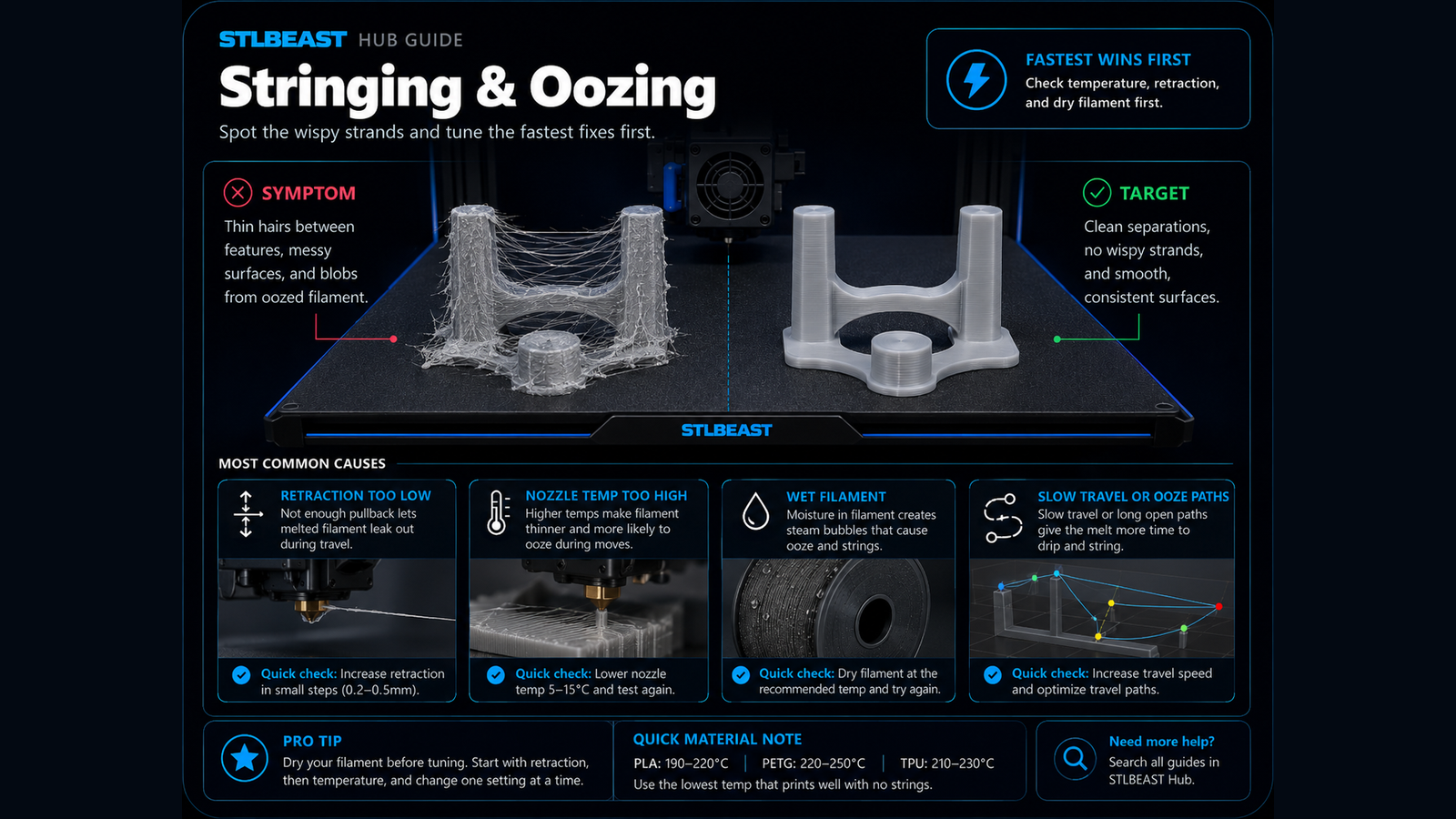 How to Fix Stringing in 3D Prints visual guide