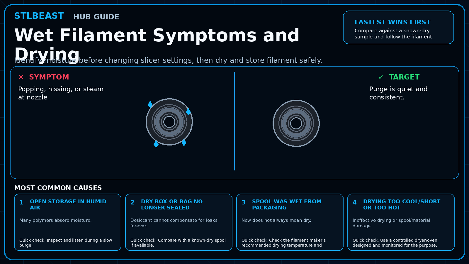 Wet Filament Symptoms and Drying visual guide