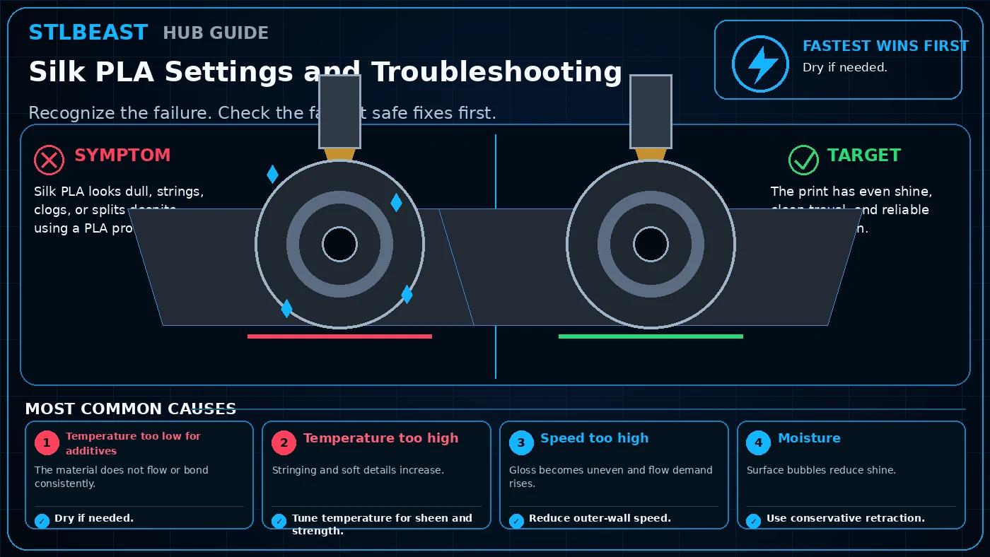 Silk PLA Settings and Troubleshooting visual guide