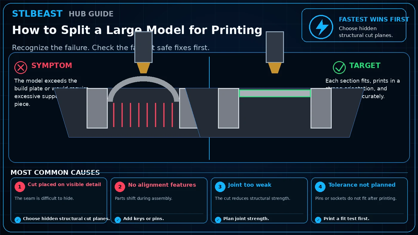 Visual comparison for how to split a large model for printing