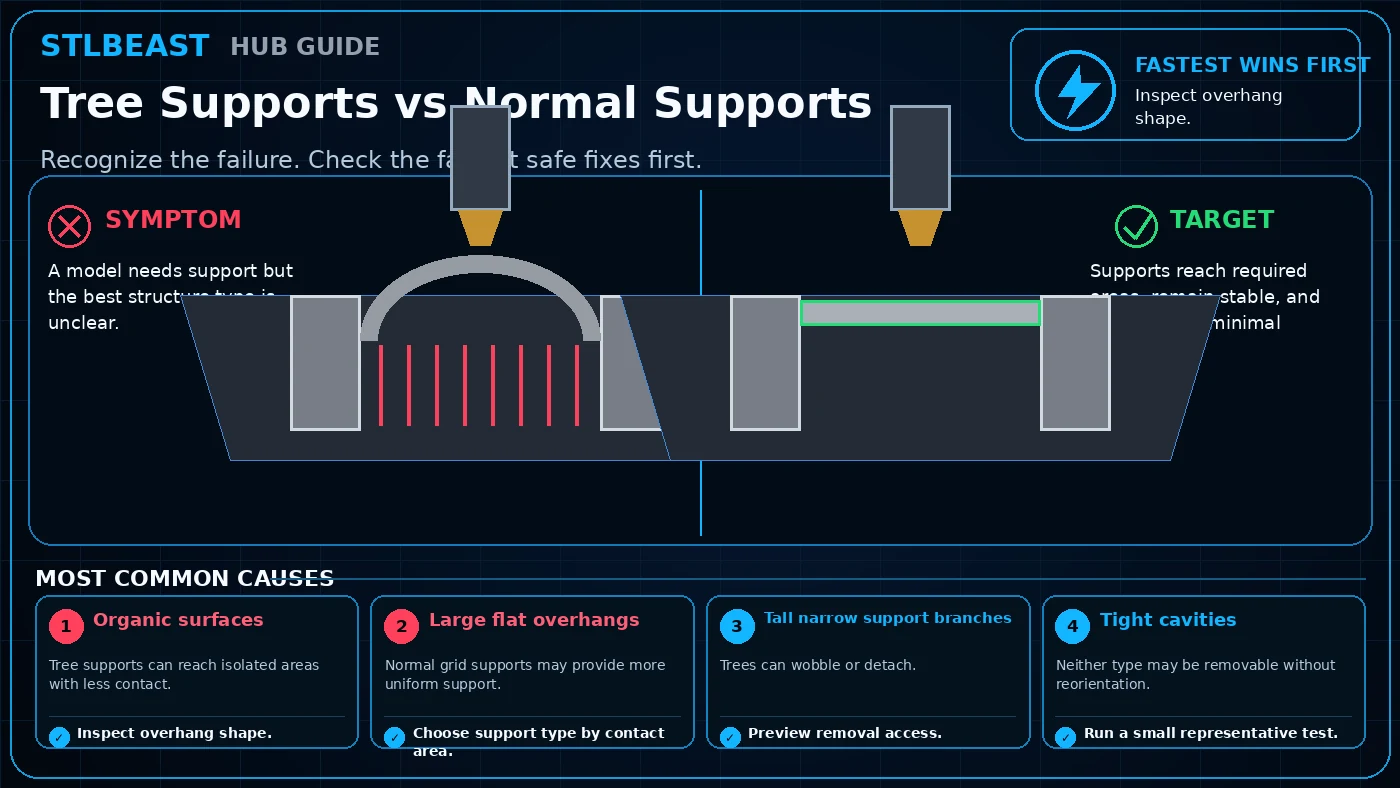 Tree Supports vs Normal Supports visual guide