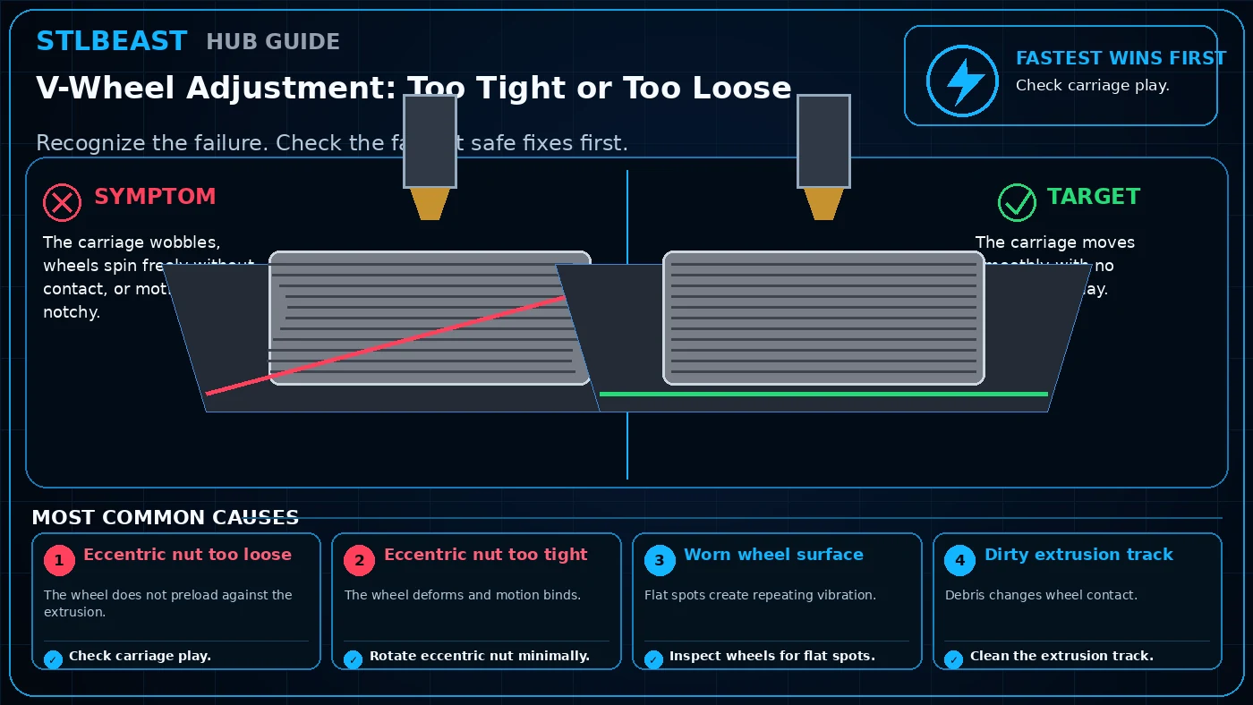V-Wheel Adjustment: Too Tight or Too Loose visual guide