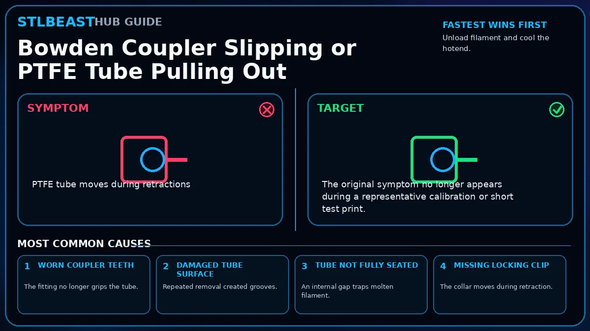 Visual diagnosis for bowden coupler slipping or ptfe tube pulling out