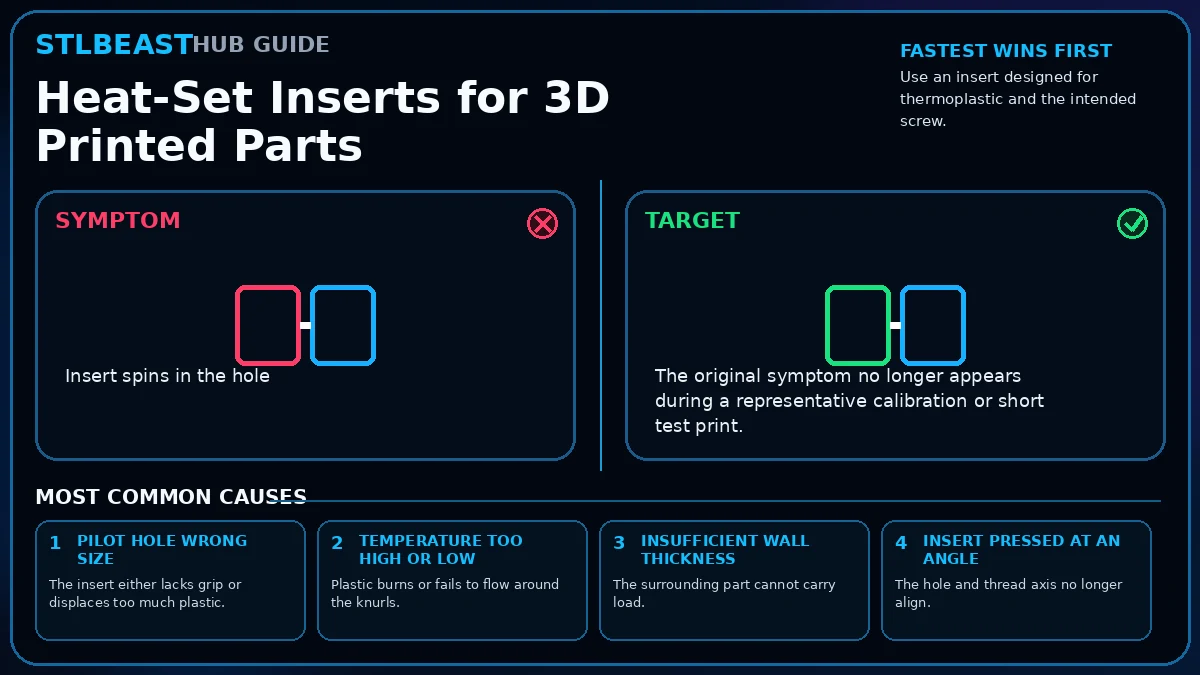 Visual diagnosis for heat-set inserts for 3d printed parts
