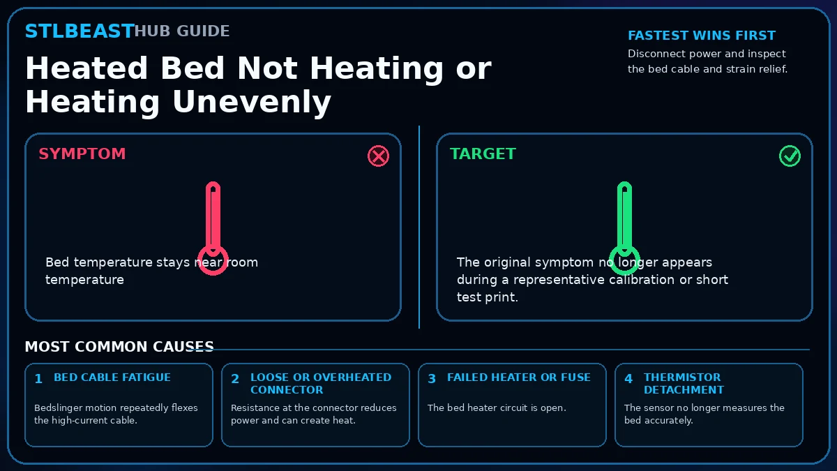 Visual diagnosis for heated bed not heating or heating unevenly