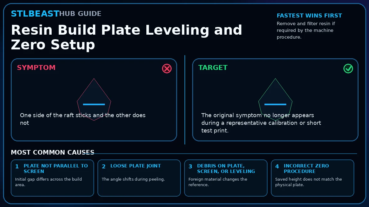 Visual diagnosis for resin build plate leveling and zero setup