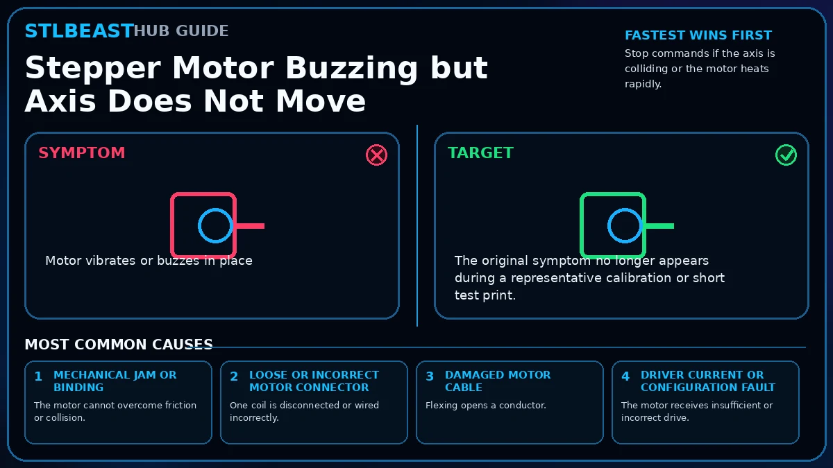 Visual diagnosis for stepper motor buzzing but axis does not move