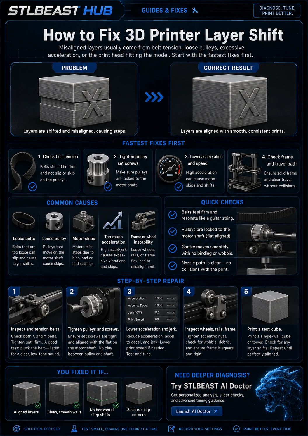 3D Printer Layer Shift visual troubleshooting guide