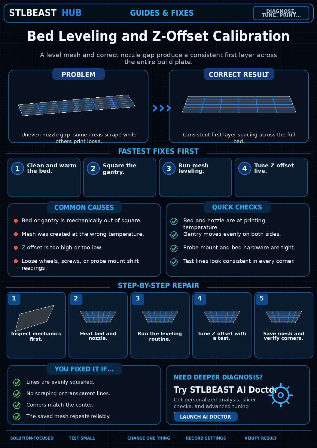 Bed Leveling and Z Offset Guide visual troubleshooting guide