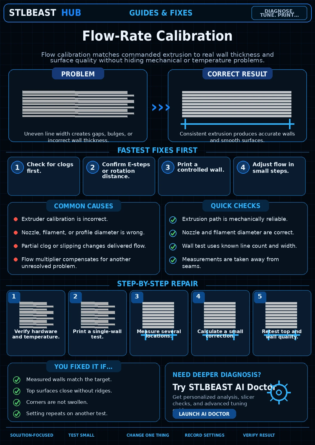 Flow Rate and Extrusion Multiplier Calibration visual troubleshooting guide
