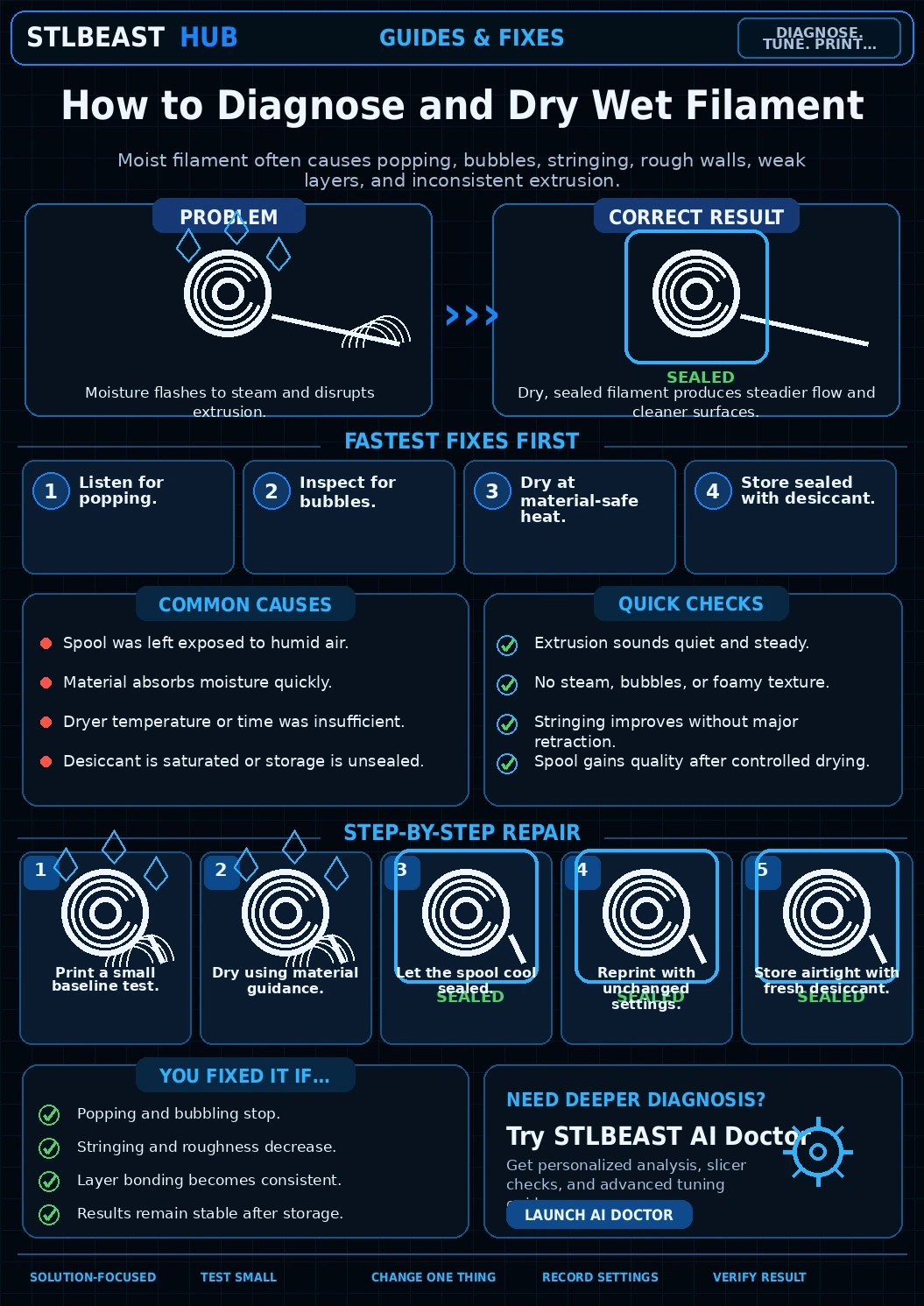 Wet Filament Symptoms and Drying visual troubleshooting guide