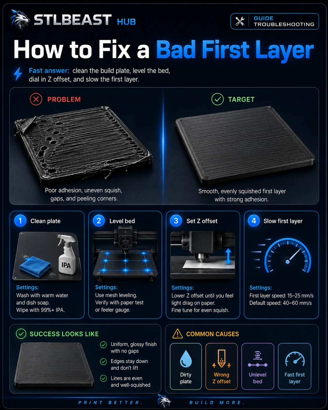 Detailed visual troubleshooting guide for bad first layer and bed adhesion